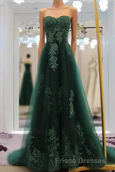 Sweetheart Long Lace Green Sweep Train Lace Up Formal Prom Dress