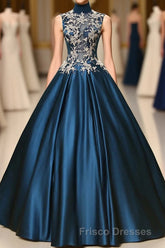 Blue Dreses Satins Lace Applique A Line Long Formal Prom Dress