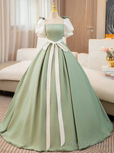 Puff Sleeves A-line Satin Green/White Long Prom Dress, Green Long Formal Dress