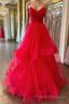 Puffy Red Tulle V Neck Long Formal Prom Dresses, V Neck Red Formal Dresses, Red Evening Dresses