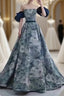 Puffy Sleeves Print Blue Quinceanera Formal Prom Dress