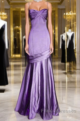 Purple A-Line Mermaid Straps Evening Dress, Purple Satin Formal Prom Dress Formal Dress