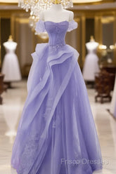 Purple A-Line Tulle Off Shoulder Long Formal Prom Dress, Purple Lace Formal Dress