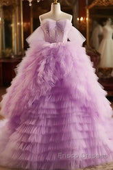Purple Ball Gown Tulle Off The Shoulder Tiers Formal Prom Dress