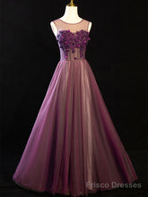 Purple Floral Long Lace Prom Dresses, Purple Floral Long Lace Formal Evening Dresses