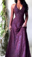 Purple Lace Halter Prom Dresses Long Evening Party Dress,