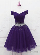 Purple Off Shoulder Knee Length Beaded Tulle Homecoming Dress, Sweetheart Short Prom Dress