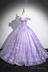 Purple Off Shoulder Lace Floor Length Party Dress, Beautiful Sweet 16 Dress Party Dress