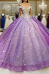 Purple Off The Shoulder Ball Gown , Bling Bling Formal Prom Dress