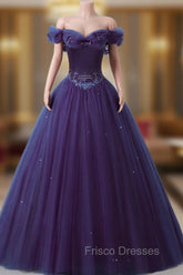 Purple Off-The-Shoulder Sweetheart Party Dress, Beaded Flowers Ball Gown Tulle Formal Prom Dress