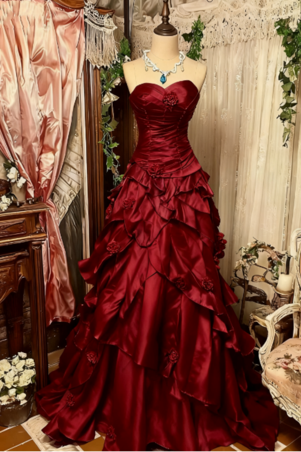 Burgundy Fashion Retro Elegant Delicate Floral Sweet Elegant Long Tull
