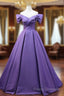 Purple Satin A-Line Off Shoulder Long Party Dress, Purple Formal Dress Formal Prom Dress
