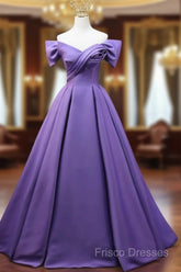 Purple Satin A-Line Off Shoulder Long Party Dress, Purple Formal Dress Formal Prom Dress