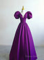 Purple Satin A-line Short Sleeves Long Formal Dress, Purple Prom Dress