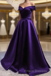 Purple Satin Off Shoulder Long Formal Prom Dress,A-line Simple Women Formal Prom Dress