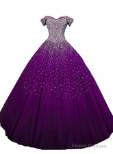 Purple Sequins Off Shoulder Ball Gown Sweet 16 Gown, Lace-Up Tulle Purple Formal Dresses