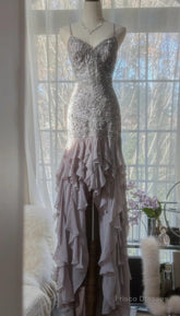 Purple Spaghetti Strap Bodycon Open Back Chiffon Sequin Long Prom Dress Adult Ceremony Dress With Appliques