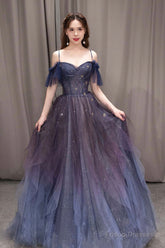 Purple Spaghetti Strap Gradient Tulle Long Prom Dress, A-Line Evening Party Dress