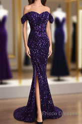 Purple Sparkly Long Formal Dress Mermaid Off-Shoulder Slit