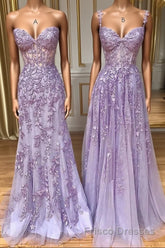 Purple sweetheart neck lace long Formal Prom Dresses, lace formal graduation Dresses