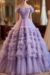 Purple Sweetheart Tulle Layers Sweet 16 Dress Long Formal Prom Dress A Line Off Shoulder Solid Color