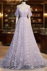 Purple Tulle A Line Long Formal Prom Dress Formal Dress With Flowers December Wedding Guest Dress