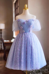 Purple Tulle Knee Length Prom Dress, Lovely Off The Shoulder Party Dress