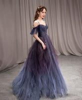 Purple Tulle Off Shoulder A-Line Long Prom Dress, Purple Evening Dress