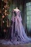 Purple Tulle Prom Dress One Shoulder Fairy Long Sleeve 3D Floral Appliques Evening Dress