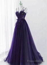 Purple Tulle with Lace Applique Long Prom Dress, Purple Long Formal Dress