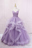 Purple V-Neck Tulle Long Prom Dress, Spaghetti Straps A-Line Evening Dress