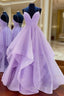 Purple V Neck Tulle Sequin Long Formal Prom Dress, Purple Evening Dress