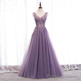 Purple V-neckline Tulle with Lace Floor Length Party Dress Evening Dress,Purple Prom Dress