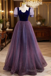 Purple Velvet And Tulle Short Sleeves Formal Dress, Purple A-Line Formal Dress Formal Prom Dress