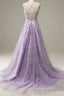 Light Purple Lace Applique A Line Spaghetti Straps Formal Prom Dress Evening Gown