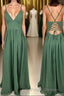 Straps Green A-line Long Formal Prom Dress with Lace Up Back