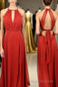 Scoop Red A-line Chiffon Long Bridesmaid Dress with Open Back
