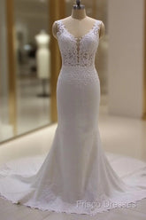 Real Long Vintage Lace Wedding Dress Mermaid Sleeveless Bridal Gowns