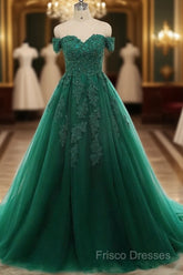 Real Off Shoulder Green Formal Prom Dress Beaded Appliques Emerald Quince Dress