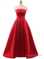 Red A Line Satin Strapless Prom Dress With Bow