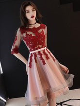 Red And Pink Tulle With Lace Short Sleeves Party Dress, High Low Homecoming Dress