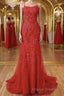 Red Backless Lace Formal Prom Dresses, Red Open Back Lace Formal Evening Dresses