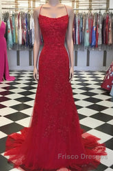 Red Backless Mermaid Lace Formal Prom Dress, Red Backless Lace Formal Graduation Evening Dress