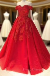 Red Ball Gown Off-the-Shoulder Sleeveless Court Train Tulle Formal Prom Dress With Pleated Appliqued