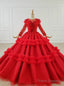 Red Ball Gown Tulle Long Sleeve Appliques Beading Floor Length Wedding Dress