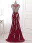 Red Evening Dresses Crystal Long Prom Dress Sexy Illusion