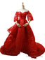 Red Off The Shoulder Short Sleeve Train Wedding Dress