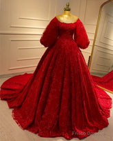 Red Lace Puffy Sleeve Ball Gown Dress