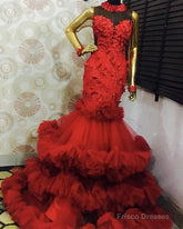 Red Layered Appliques Mermaid Prom Dresses