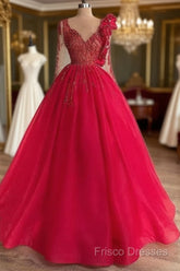 Red Long Sleeve V Neck Beading Flower Tulle Formal Prom Formal Dress
